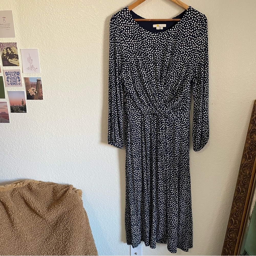 Boden Navy Blue White Polka Dot Spotted Dress Modest Long Sleeve Jersey Stretchy
